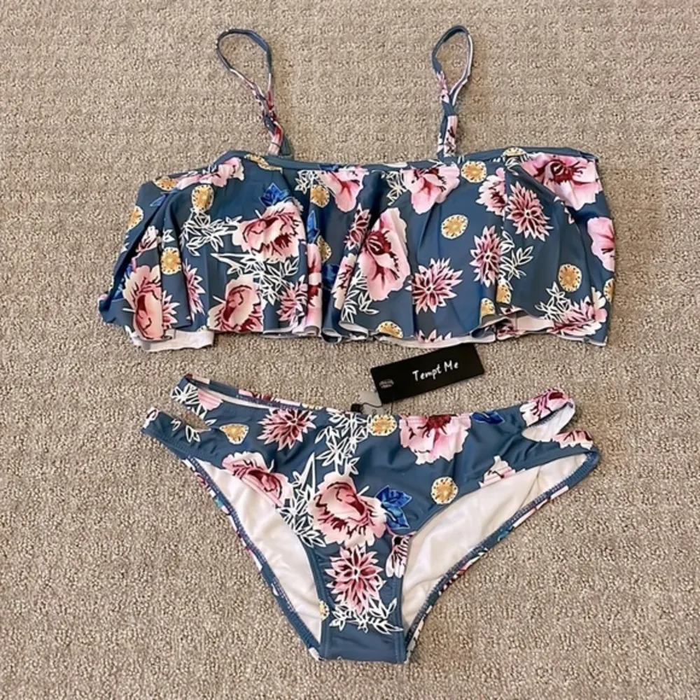 NWT- Tempt Me Blue Floral Ruffle Off the Shoulder Bikini - Image 4