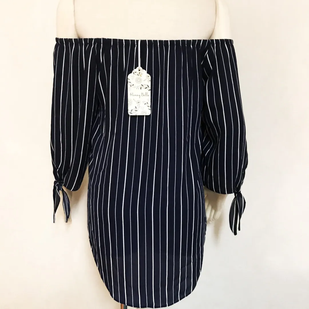 Off Shoulder Stripe Tie Boho Top - Image 2