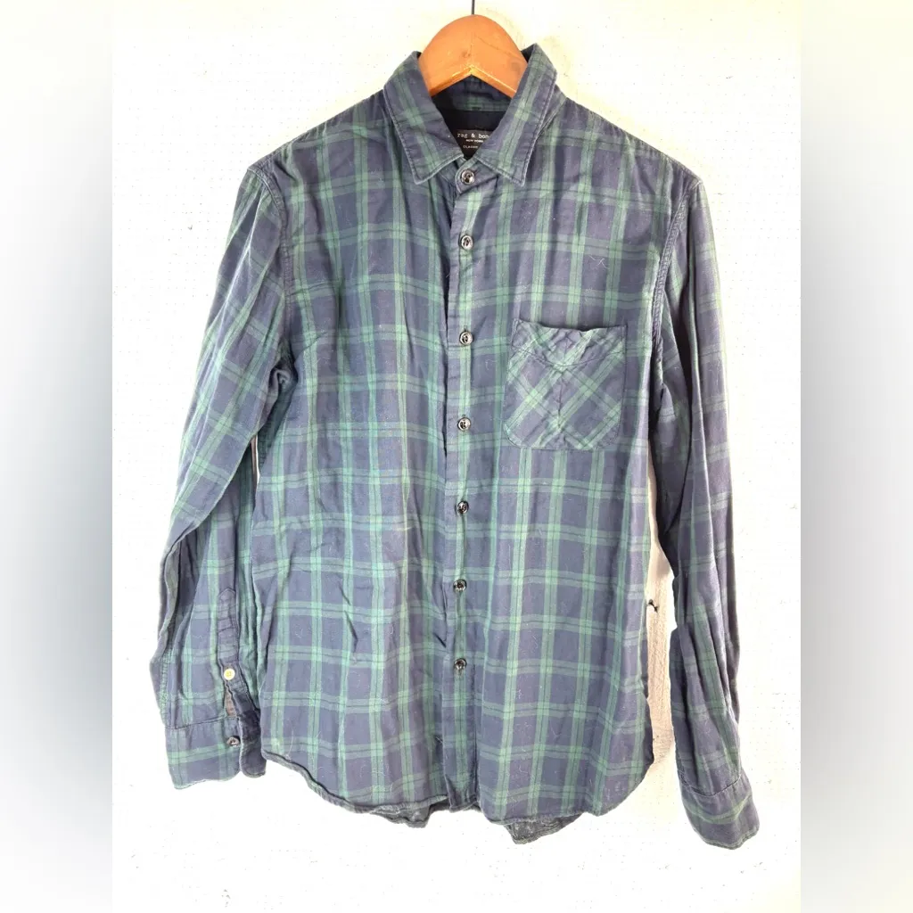 rag & bone S Classic Fit Blue and Green Blackwatch Plaid Button Down Shirt - Image 8