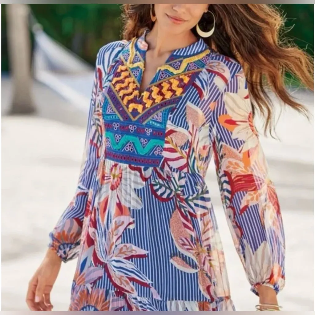 Soft Surroundings Sheer Crinkle Chiffon Tory Tunic w/ Embroidered Bib Size XS - Image 2