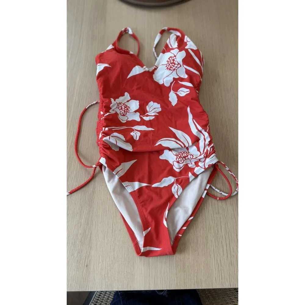 KOna Sol Red Side Cinch High Coverage One Piece Floral Swimsuit Small 1677 - Image 3