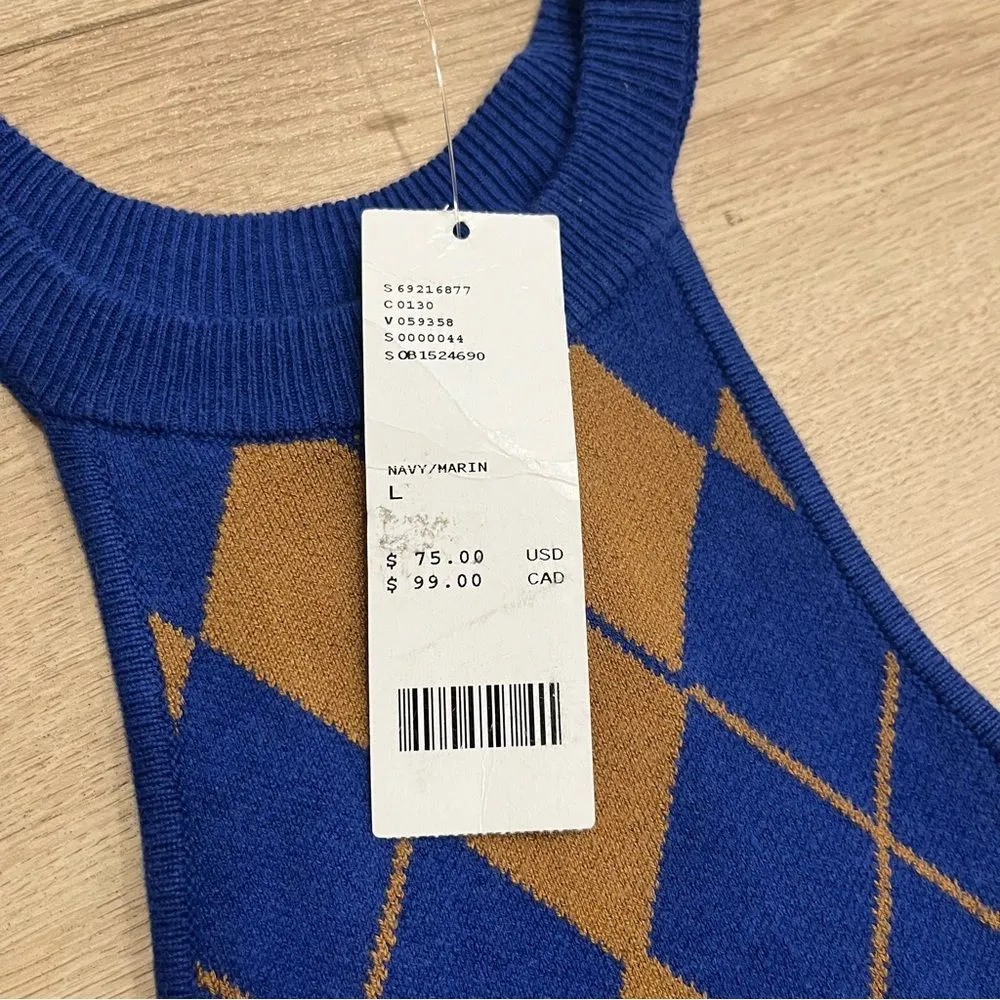 NWT Urban Outfitters Charlie Blue Brown Argyle Knit Halter Mini Dress Size L - Image 3