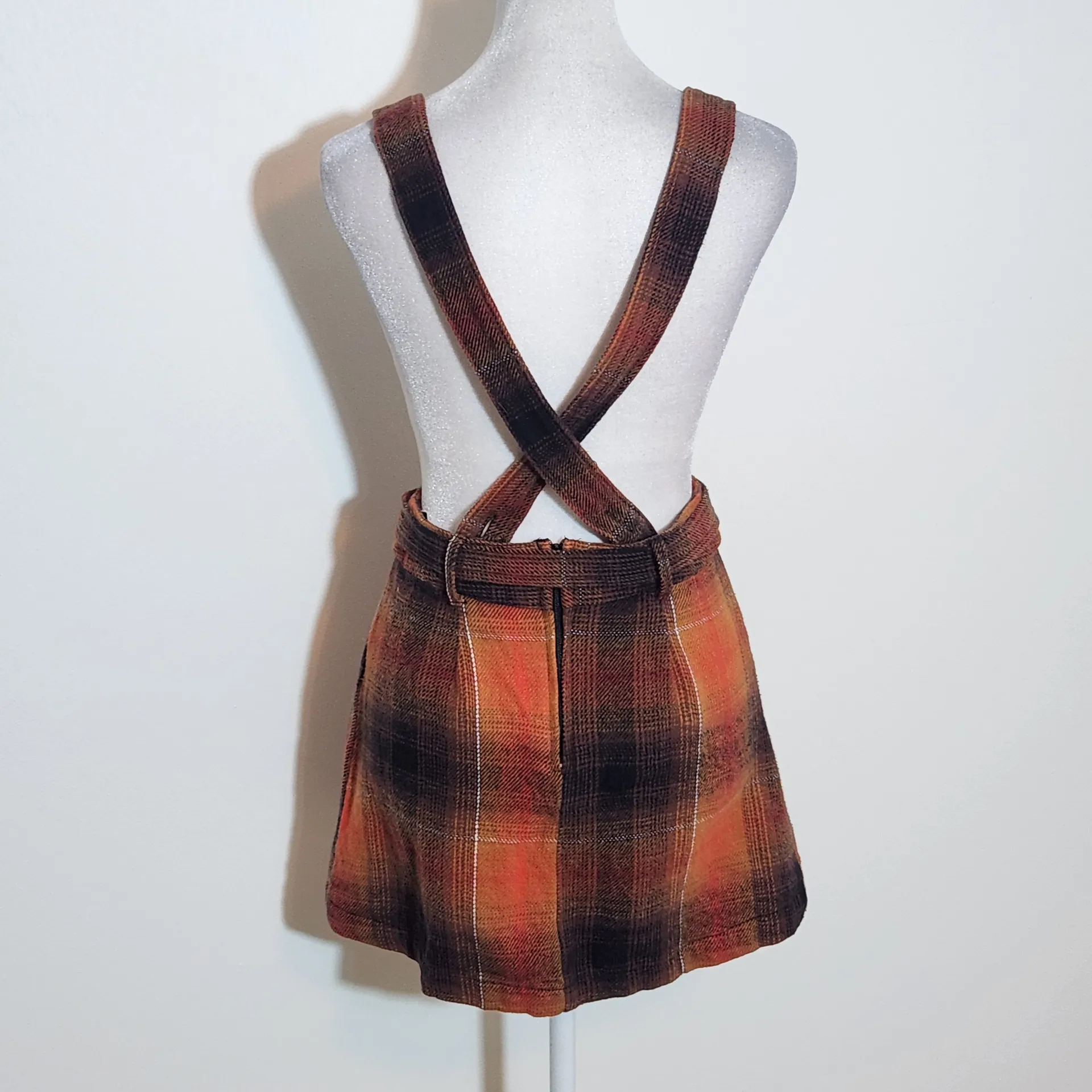 Urban Outfitters Orange Plaid Pinafore Skirt with Belt Size Small Flannel Skirt - Image 5