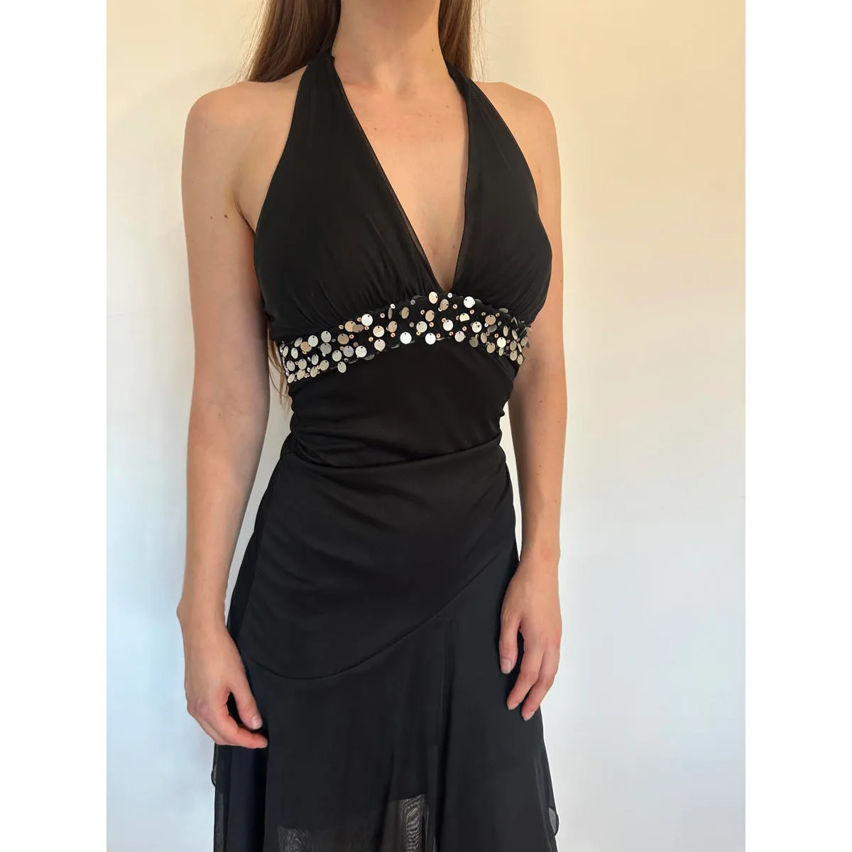 Black Vintage Mesh Handkerchief Hem Halter Sequin Party Dress - Image 7