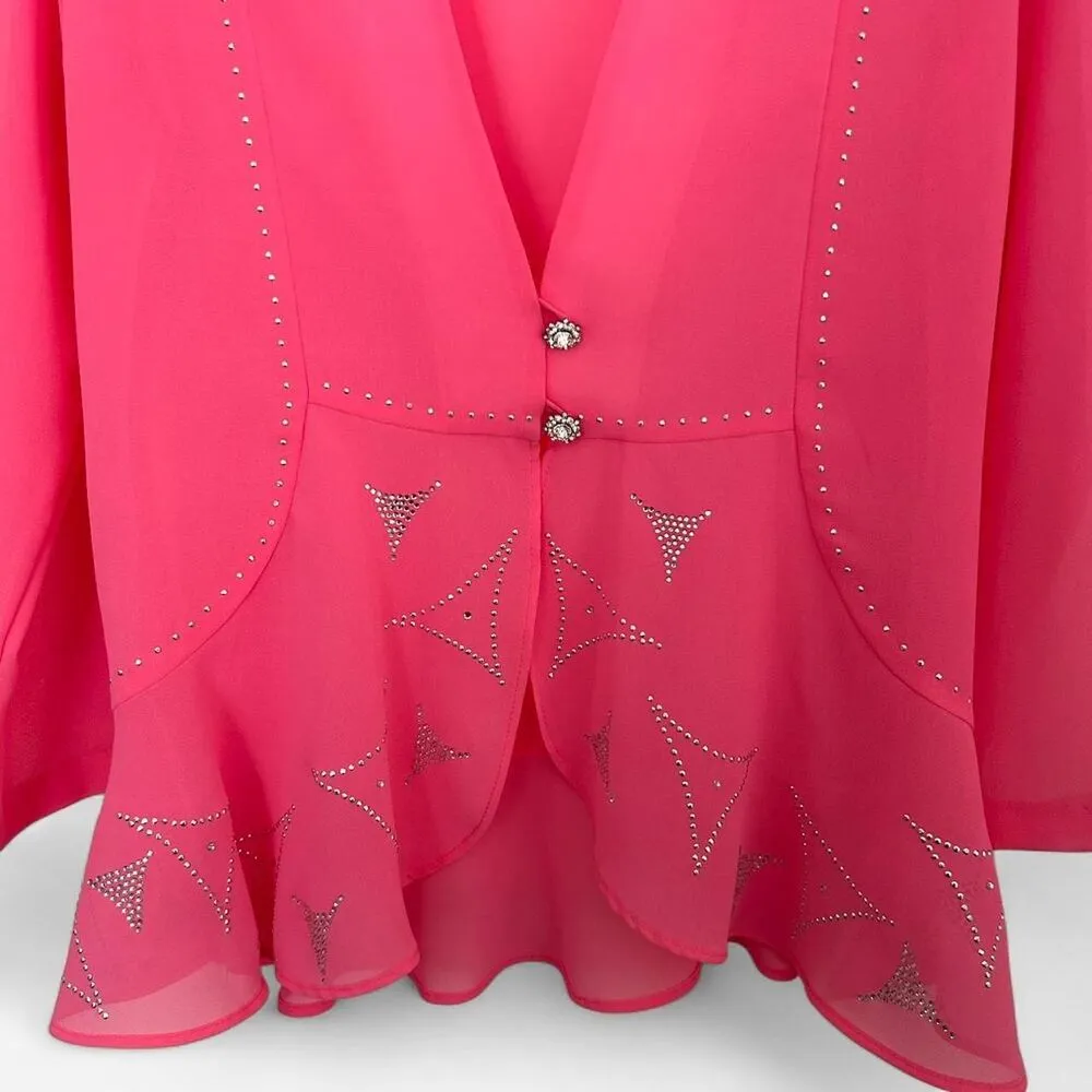 Vintage Y2K Hot Pink Rhinestone semi sheer Cardigan Silver Sparkle Sz M - Image 3