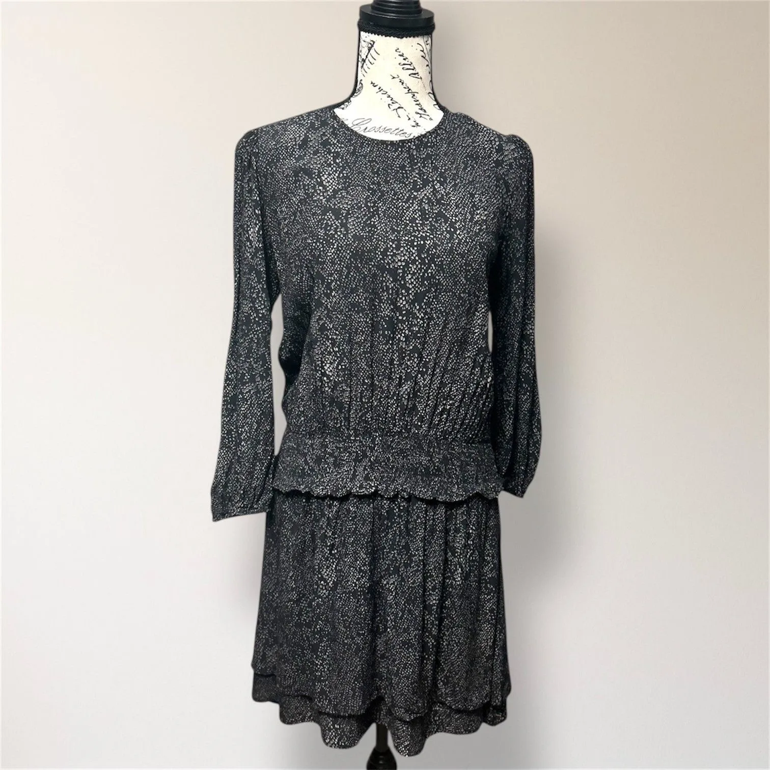 Rails Black Python Inez Mini Dress Smocked Waist Long Sleeve Pullover Boho Small - Image 3