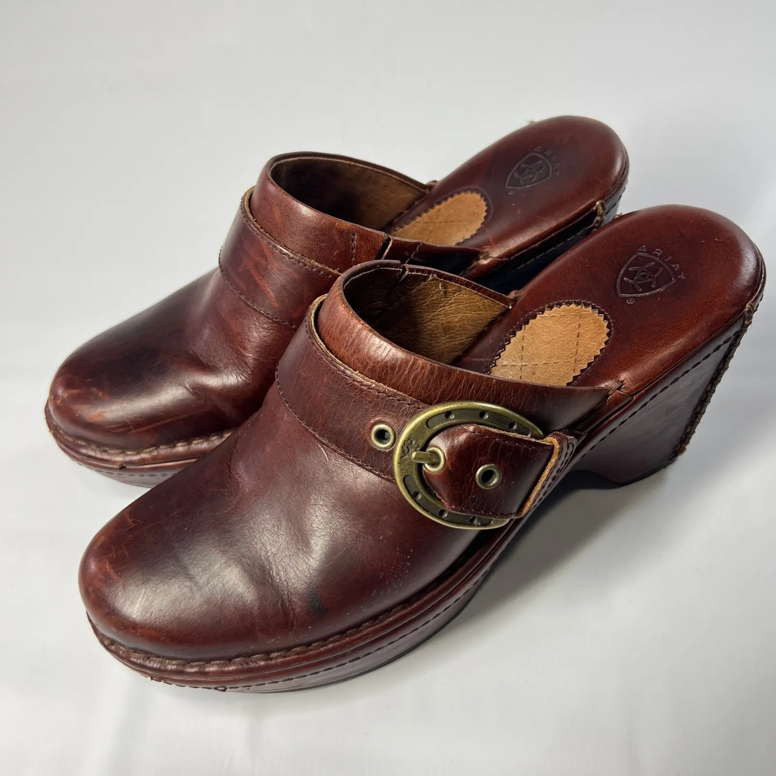 Ariat Womens 7.5B Brown Leather Wedge Clogs Buckle Mules Comfort Shoes Casual - Image 3
