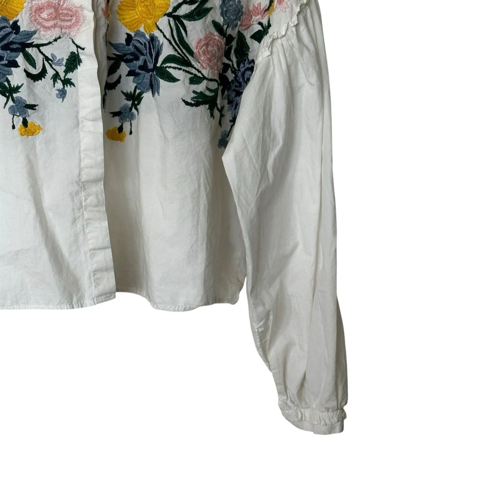 ZARA L White Floral Embroidered Ballon  Sleeves Peasant Relaxed Blouse Top - Image 9
