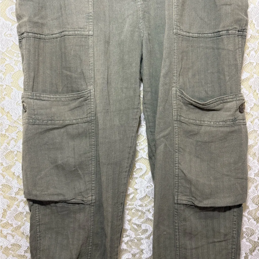 Free People Olive Green Straight / wide Leg Pants cargo pockets linen cotton euc - Image 4