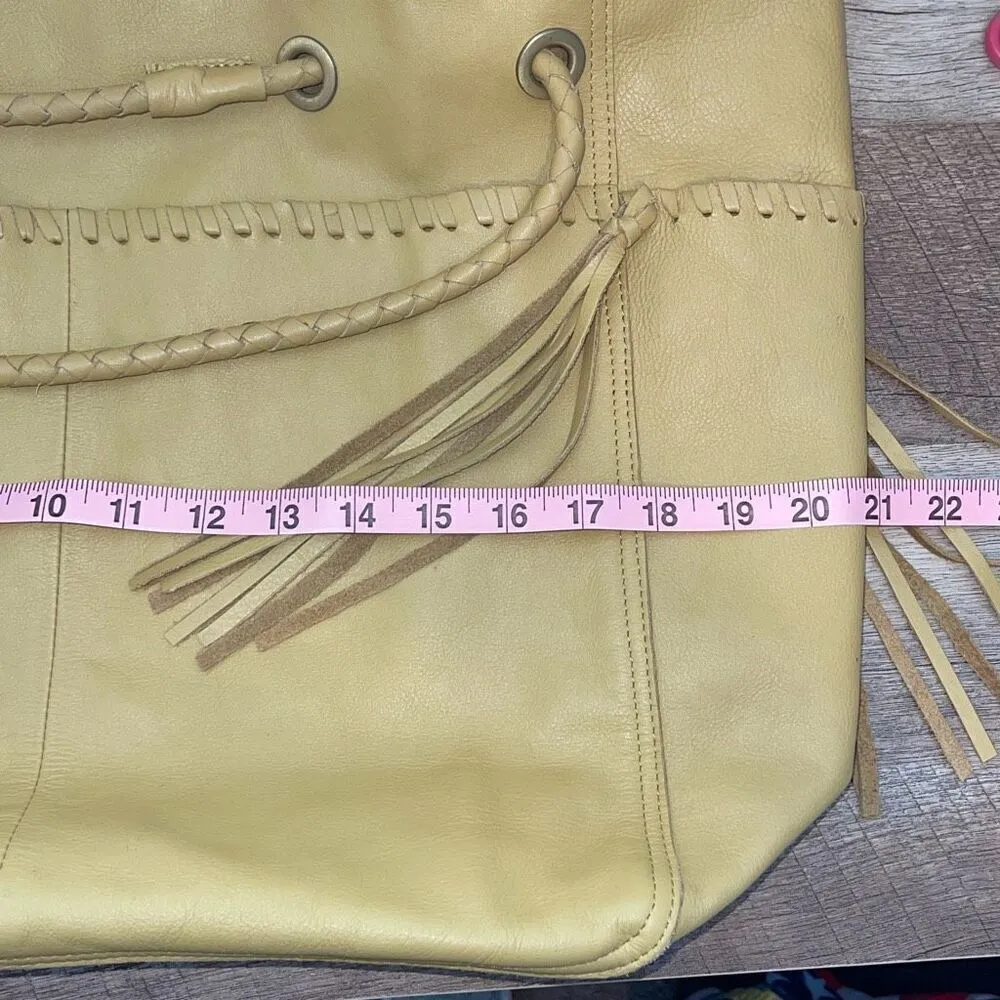 Free People Womens Jolene Cow Leather Fringe Woven Strap Tote Handbag Yellow Tan - Image 8