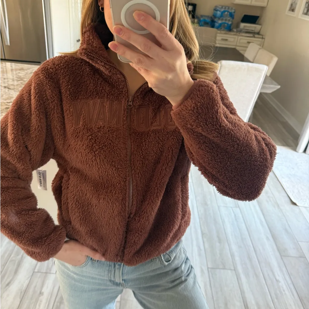 Old Navy Logo Sherpa Warm-Up Jacket Full Zip Brown Small - Image 2