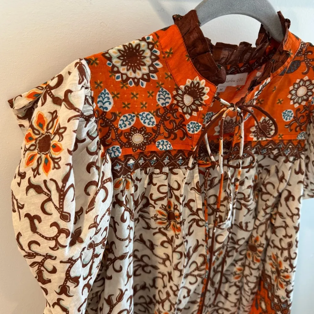 House of Harlow 1960 Mixed Floral Print Puff Sleeve Peasant Blouse Size Medium Orange - Image 2