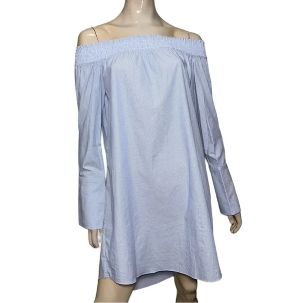 Derek Lam 10 Crosby 10 Blue White Micro Stripe Cotton Oxford Off Shoulder Dress - Image 3