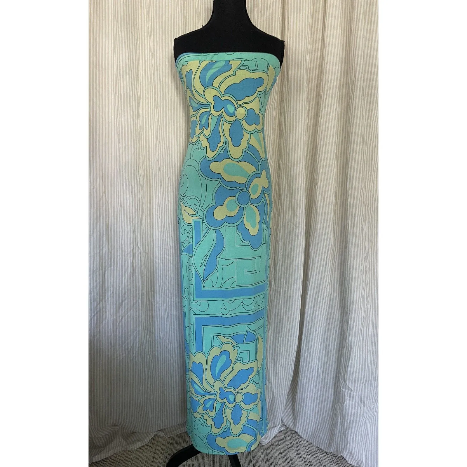 Hale Bob Wmns Strapless Maxi Dress S Blue Green Geometric Floral Boho Y2K Resort - Image 2