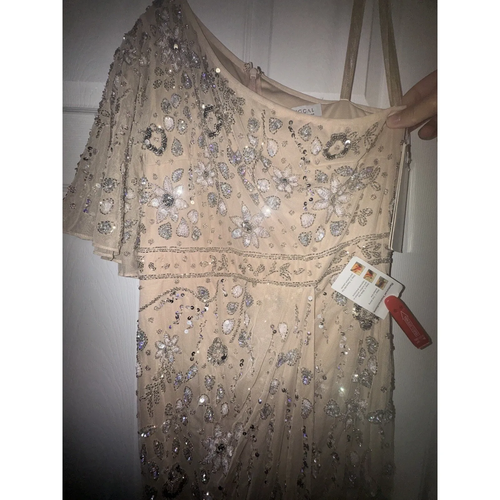 MAC DUGGAL Floral Beaded Embellished One Shoulder Draped Gown Nude Silver Sz 6 - Image 3