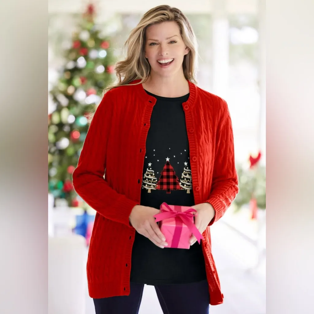 Woman Within Plus Size Holiday Graphic Tee Christmas Trees Black Shirt Large - Image 2