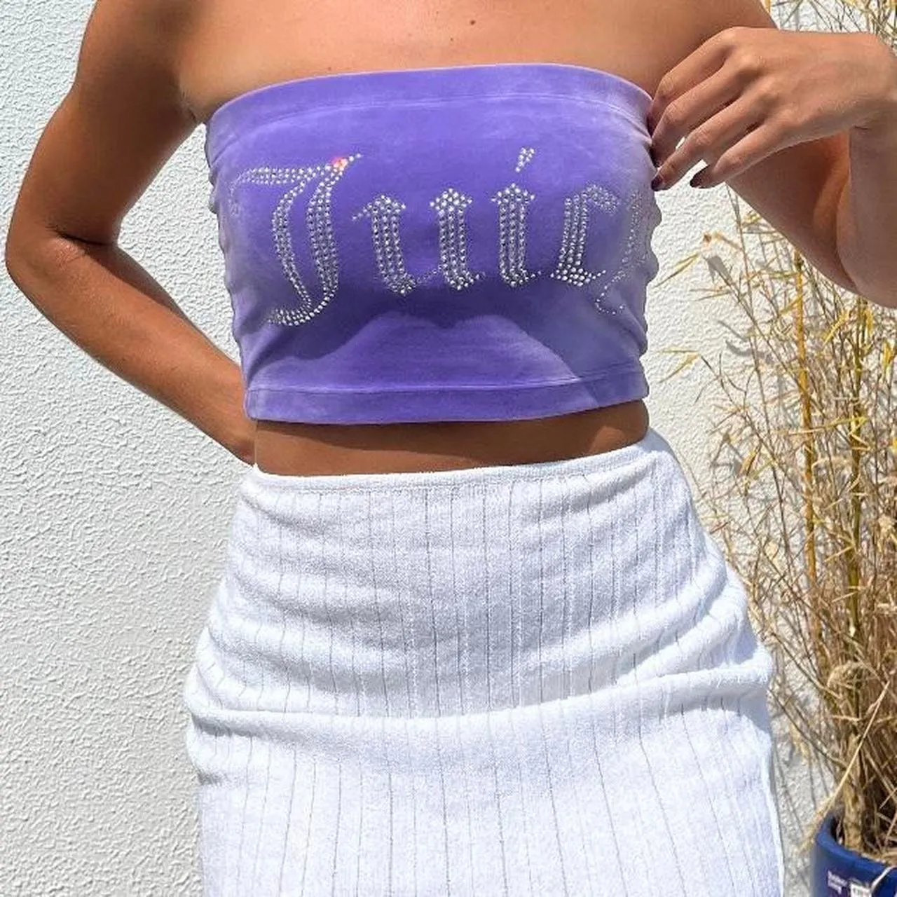 Vintage Y2K Juicy Couture X Forever 21 Purple Velvet Rhinestone Crop Top Large - Image 3