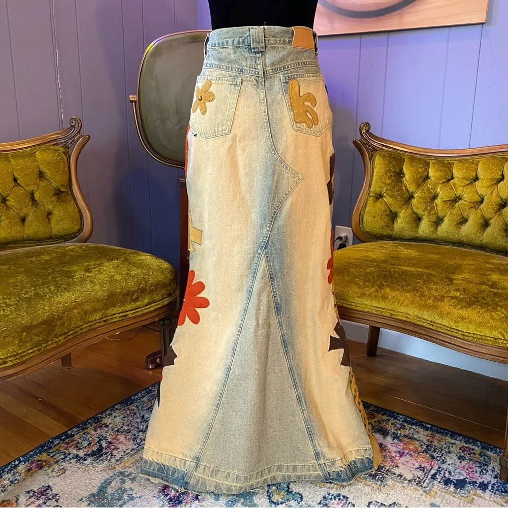 Vintage 90s/Y2K RARE Road Cat Suede And Felt Patchwork Maxi Denim Skirt Size M Size M - Image 4