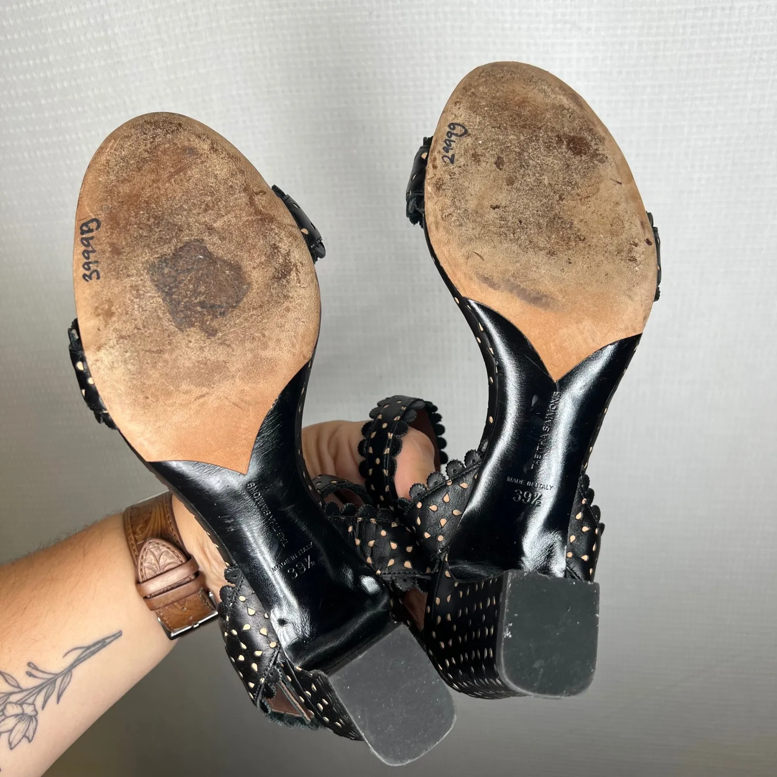 Tabitha Simmons Black Polka Dot‎ Leather Block Heel Sandals Scalloped Strap Size 9 - Image 5