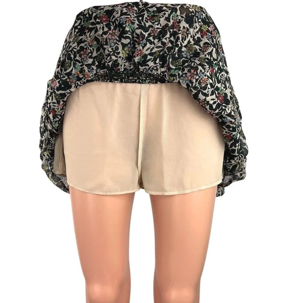 Zara Black Floral Smocked High Waist Ruffle Pull On Mini Skirt Skort Size S - Image 4