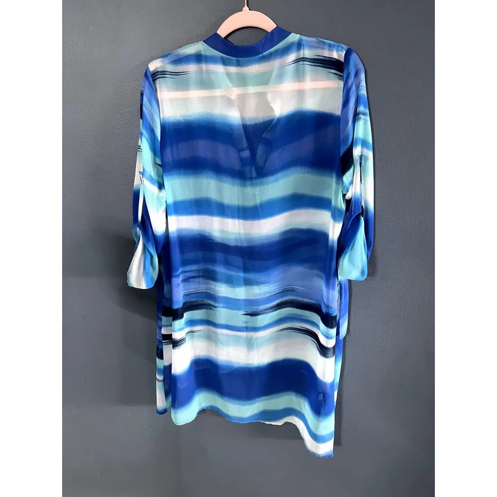 CHA CHA VENTE Top Layered Asymetrical Hilow Multi Blue Sheer Swimsuit Coverup XL - Image 2