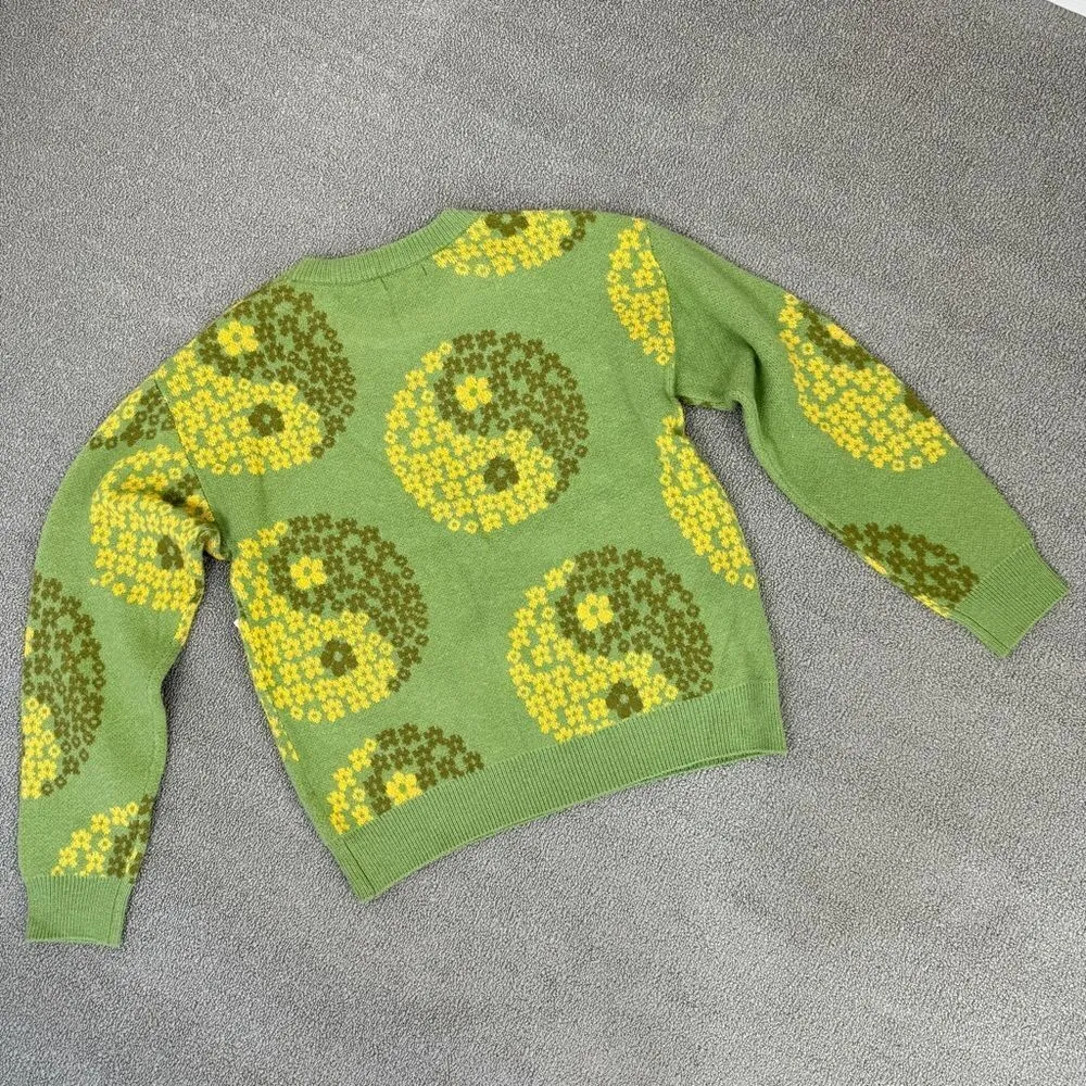 Witty Fox Yin Yang Floral Pullover Sweater Green Yellow Small - Image 8