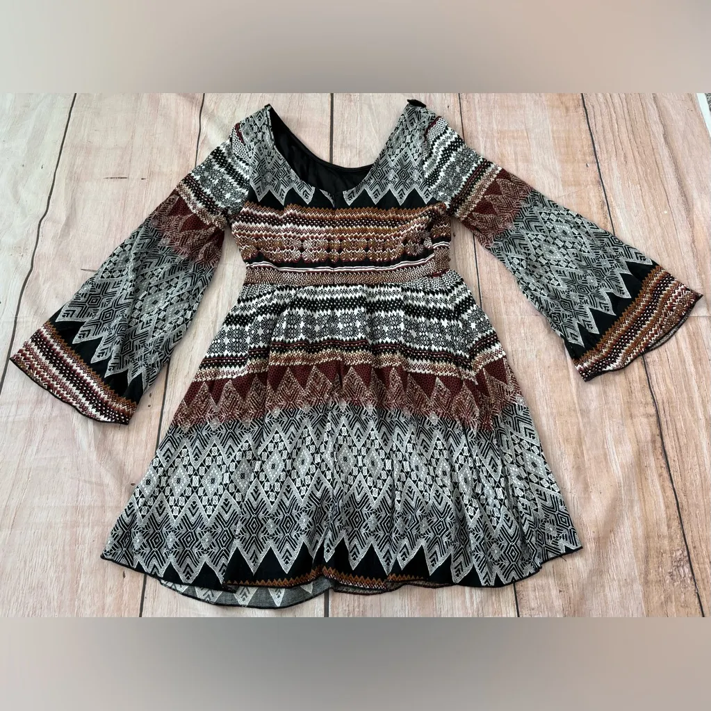 Alya Dress Women's Medium Multi Boho Aztec Bell Sleeve Beaded Scoop Neck - Image 6