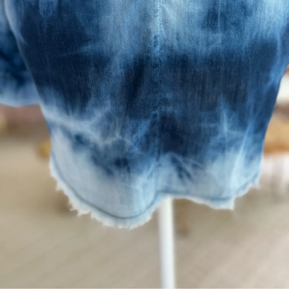 Zara Top Indigo Batik Shirt Blue Chambray Tie Dye Raw Hem High Low XS - Image 11
