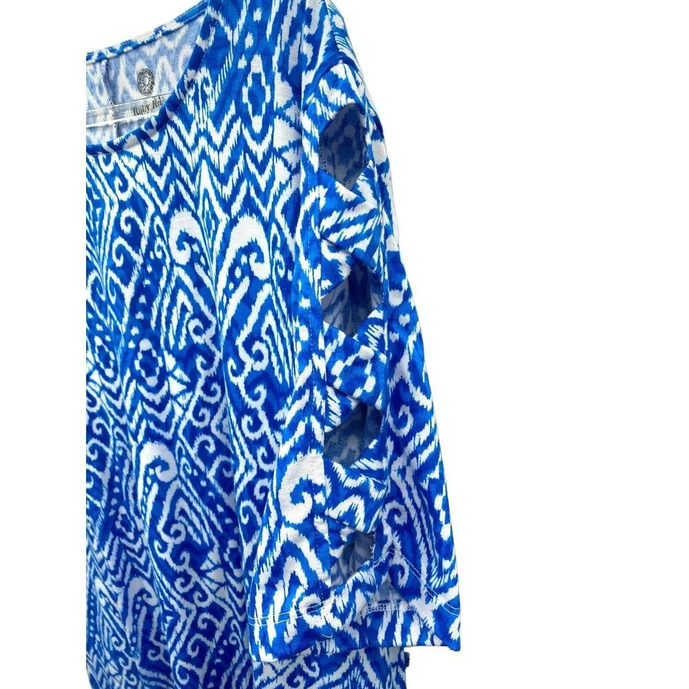 Ruby Rd XL Ikat Ladder Sleeve Sun Dress Brunch Summer A Line Blue White Vacation - Image 4