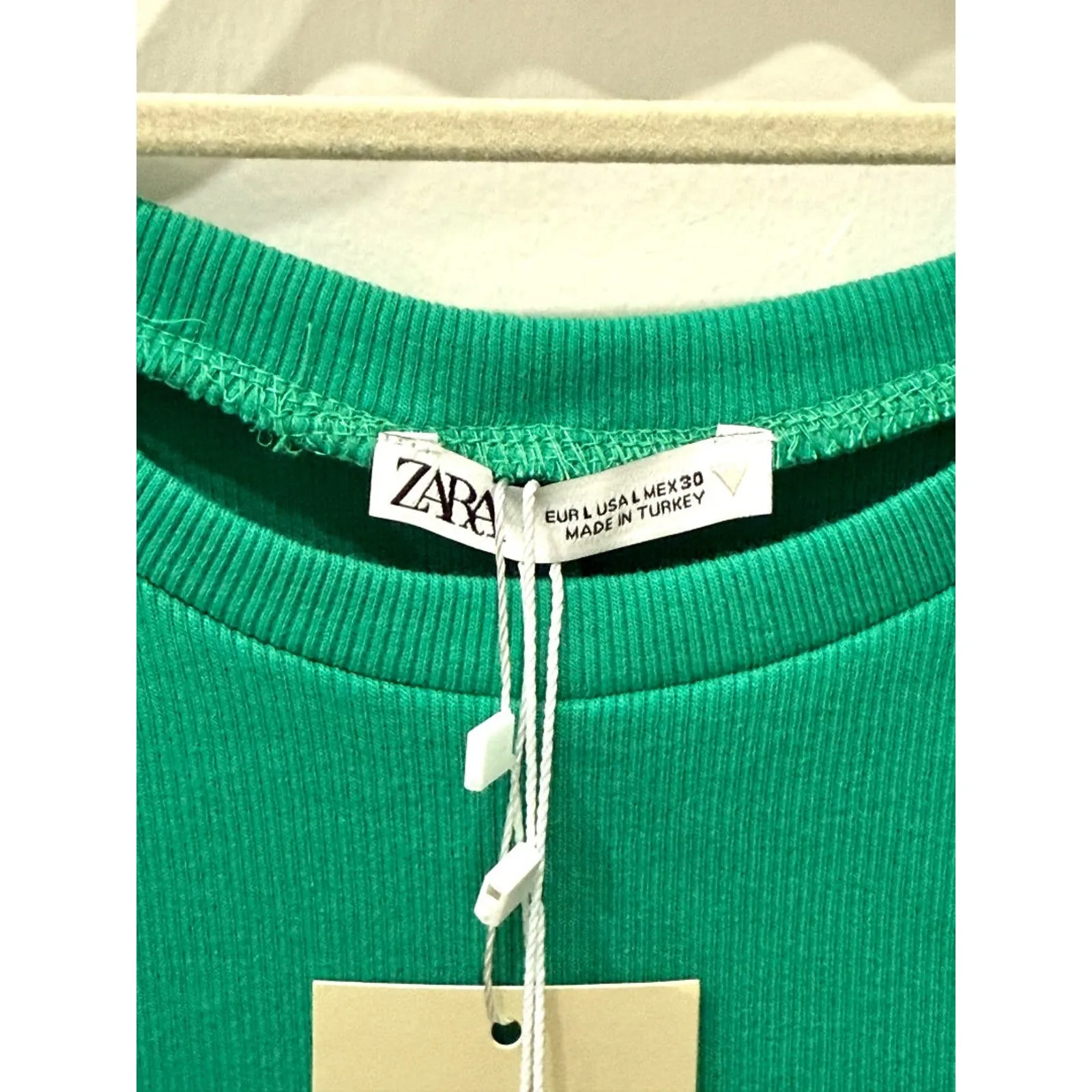 NWT Zara Ribbed Crewneck Ruffle Sleeve Mini Bodycon Dress Green Women's Sz Large - Image 5