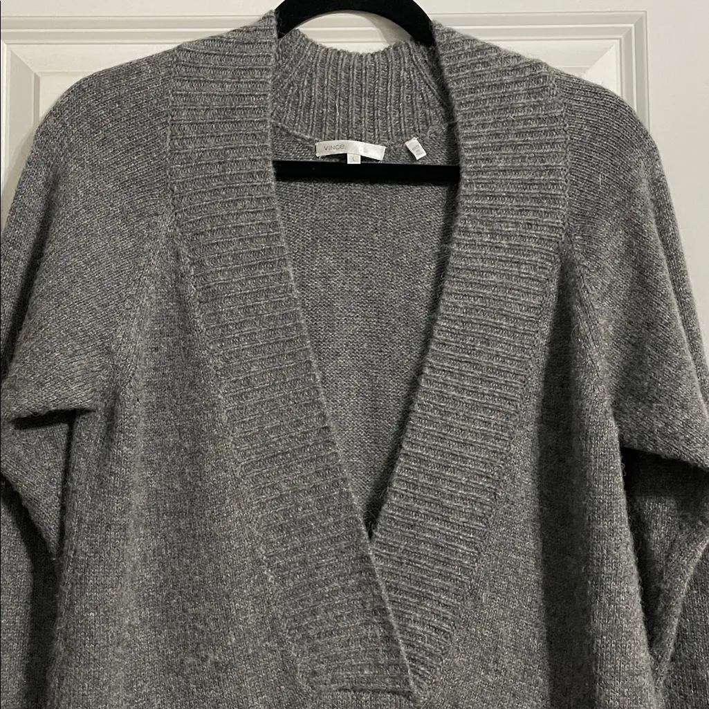 Vince Cashmere Alpaca Wool Blend Gray Deep V-Neck Sweater Mini Dress Pockets L - Image 4