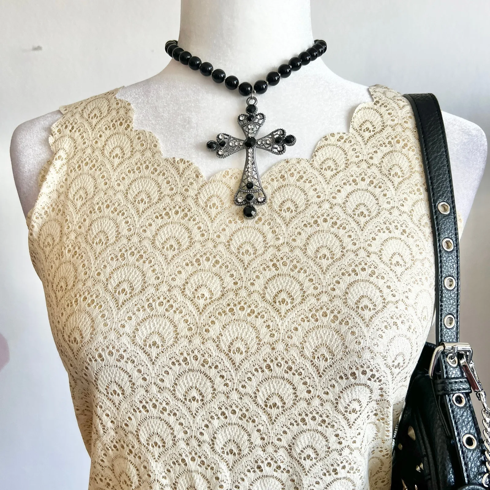 Gold Glitter Scallop Tank Top, Glam, Y2K, Party, Sparkly, Vintage,‎ Small, 2000s - Image 2