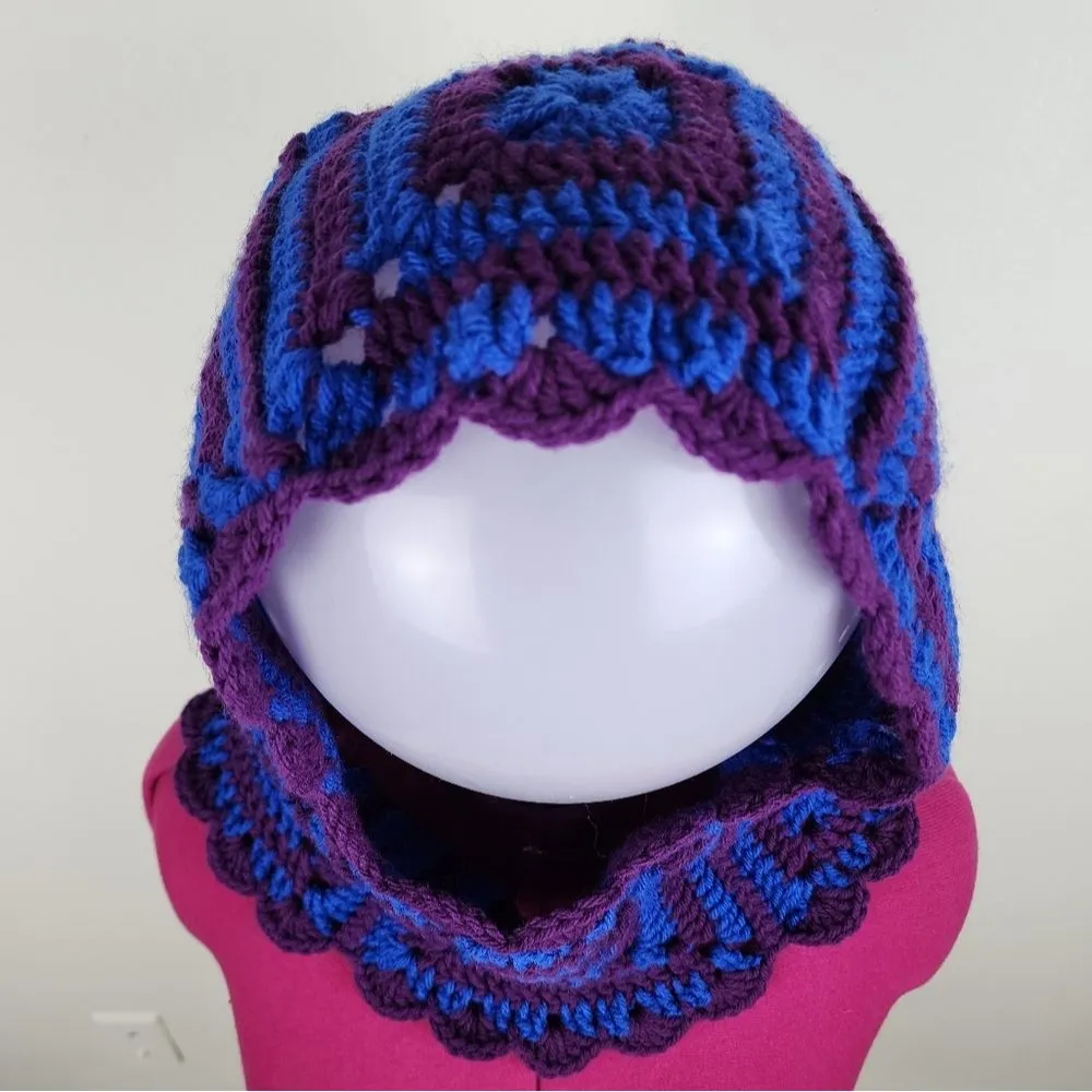 New Crochet Handmade Balaclava Granny Square Blue Purple hat beanie head warmer - Image 3