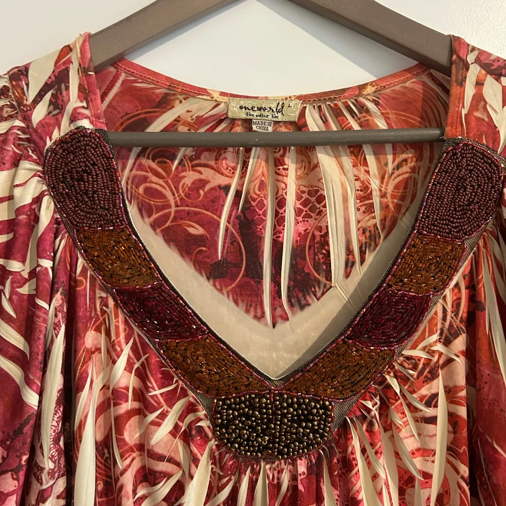 One World Beaded Top Red Tan Size L - Image 2