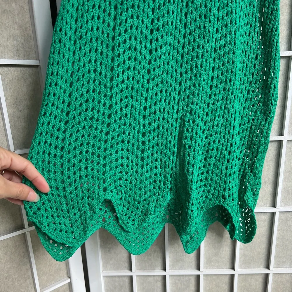 NWT Lovery Crocket Knit tank dress asymmetrical hem v neck thin straps green XS - Image 4