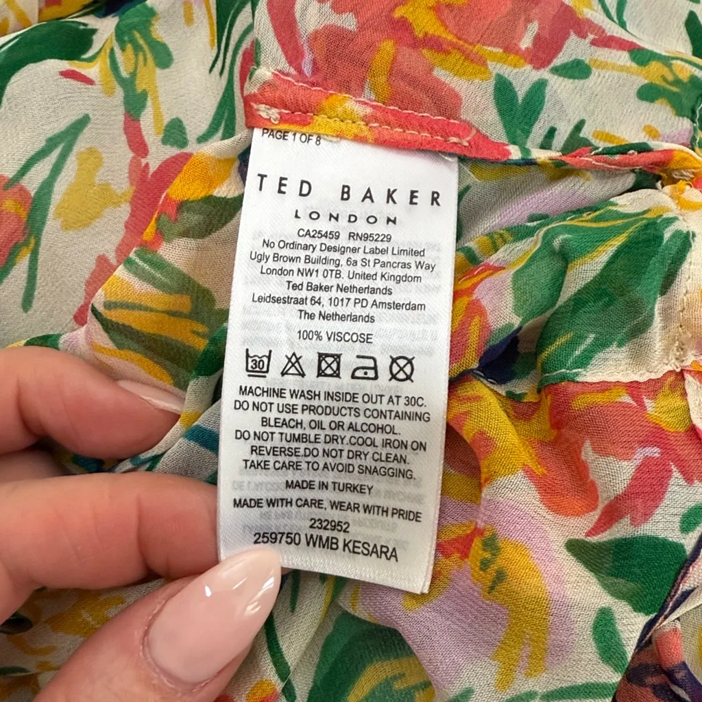 Ted Baker Kesara Floral Printed Ruffle Blouse Tie Waist Balloon Sleeves Size 6 - Image 14