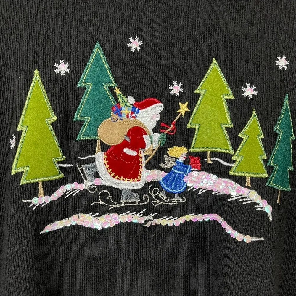 White Stag Large Embroidered Felt Santa Winter Pond Trees Holiday Sweater Skate - Image 3