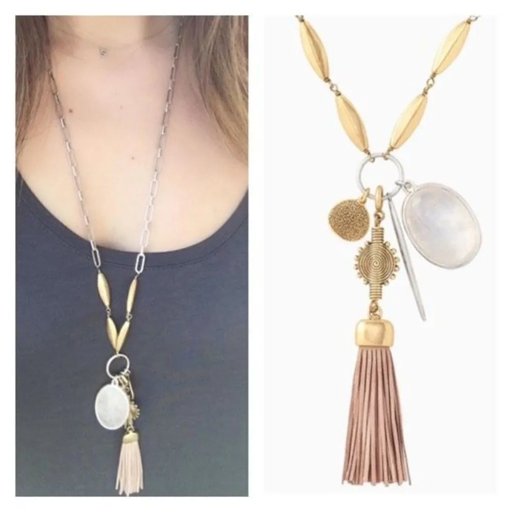 Stella & Dot Victoria Pendant Necklace Tassel & Charms 2‎ In 1 Gold & Silver - Image 2