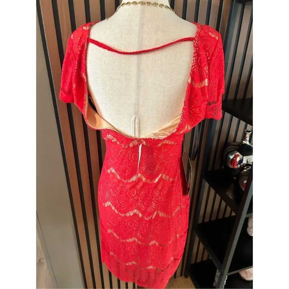 Bebe nudue red beige lace low back floral stretch bodycon top dress medium NWT - Image 4