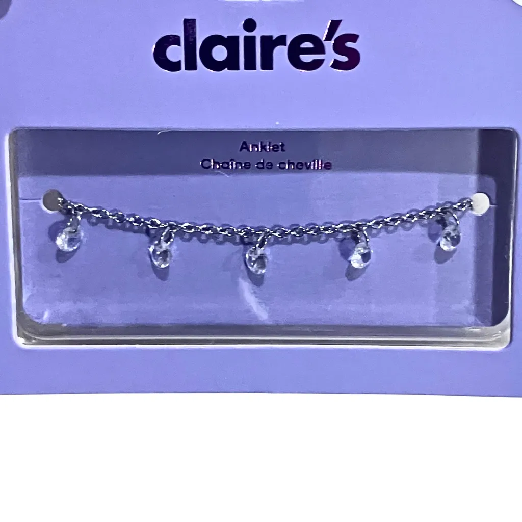 NWT Claire’s CZ Charm Stainless Steel Anklet. Y2K McBling Silver Tone Zirconia - Image 2