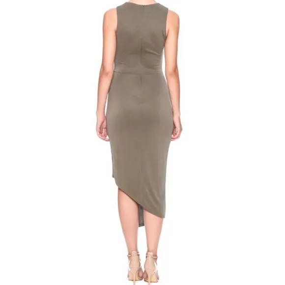 New  Asymmetric Halter Bodycon Dress Twisted Wrap Neck Sleeveless Taupe - Image 4
