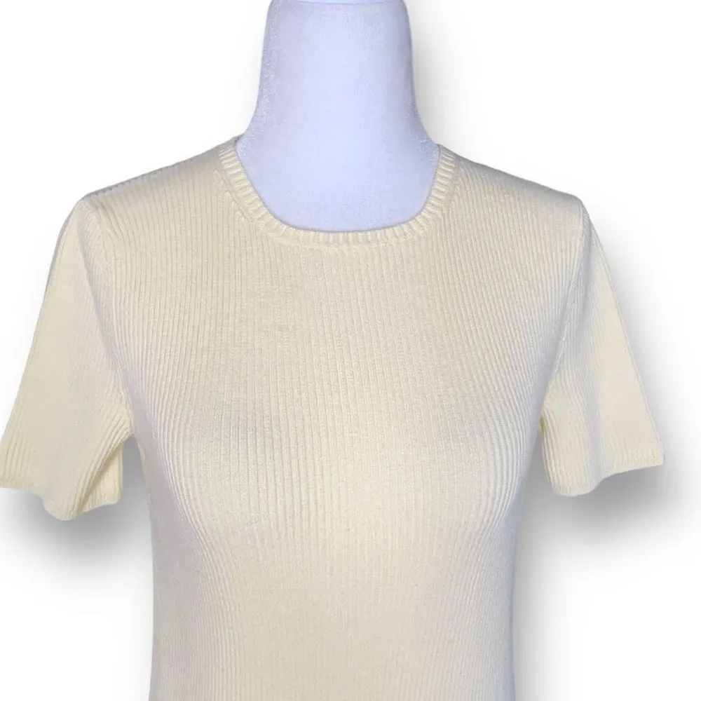Eddie Bauer Knit Top Oatmeal Cream Ribbed Short Sleeve Round Neck Sweater Small - Image 3