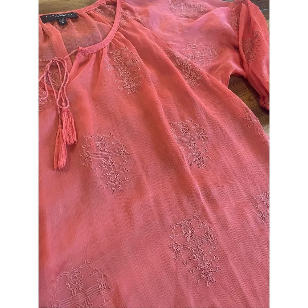 Sanctuary sheer coral orange textured peasant top size large - Image 10