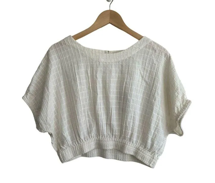 Faherty Cala Windowpane Short Dolman Sleeve Cropped Crew Neck Ivory Top Large - Image 4
