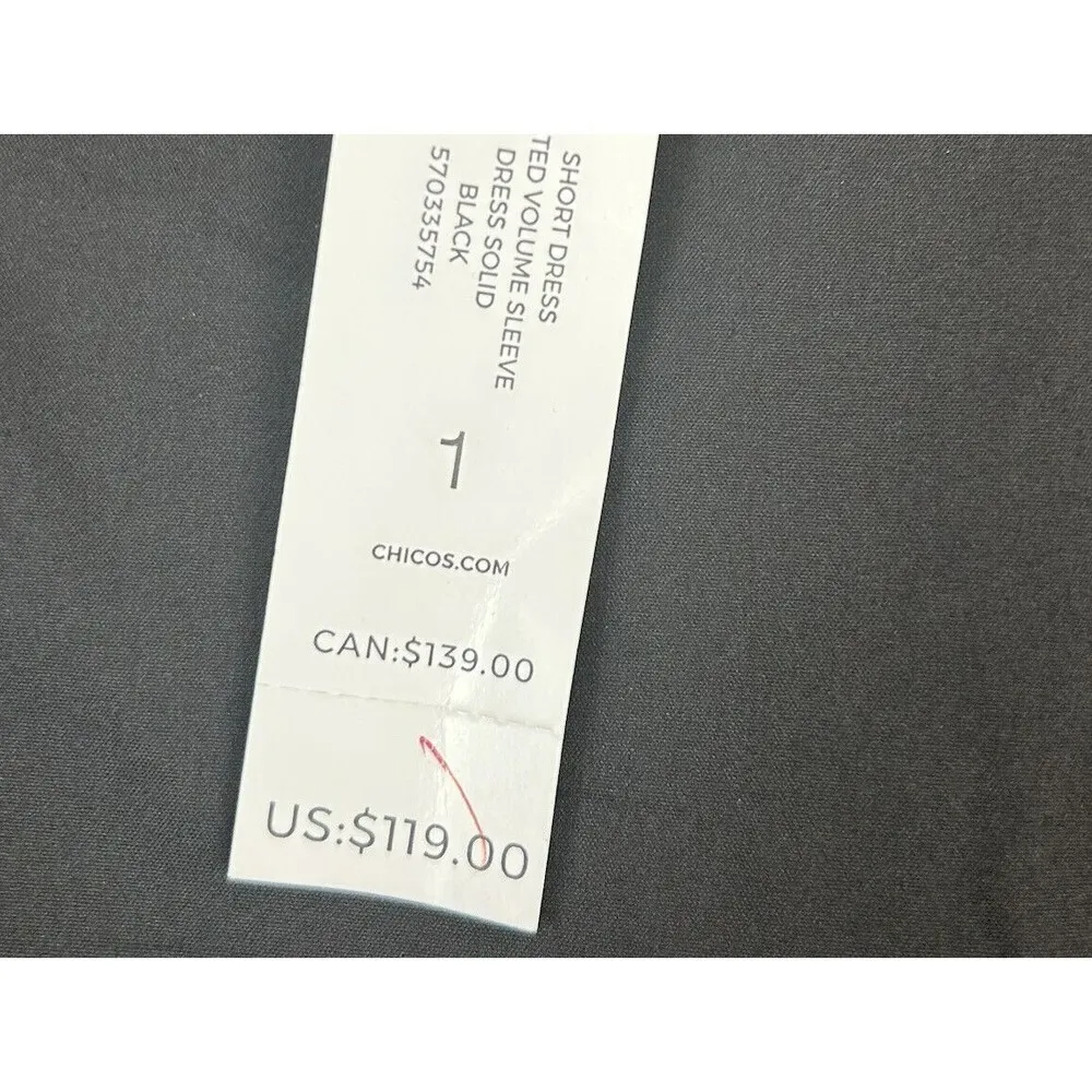 NEW CHICOS Size 1 US M 8/10 black Puff Sleeve Dress Casual Midi Length Shift - Image 6