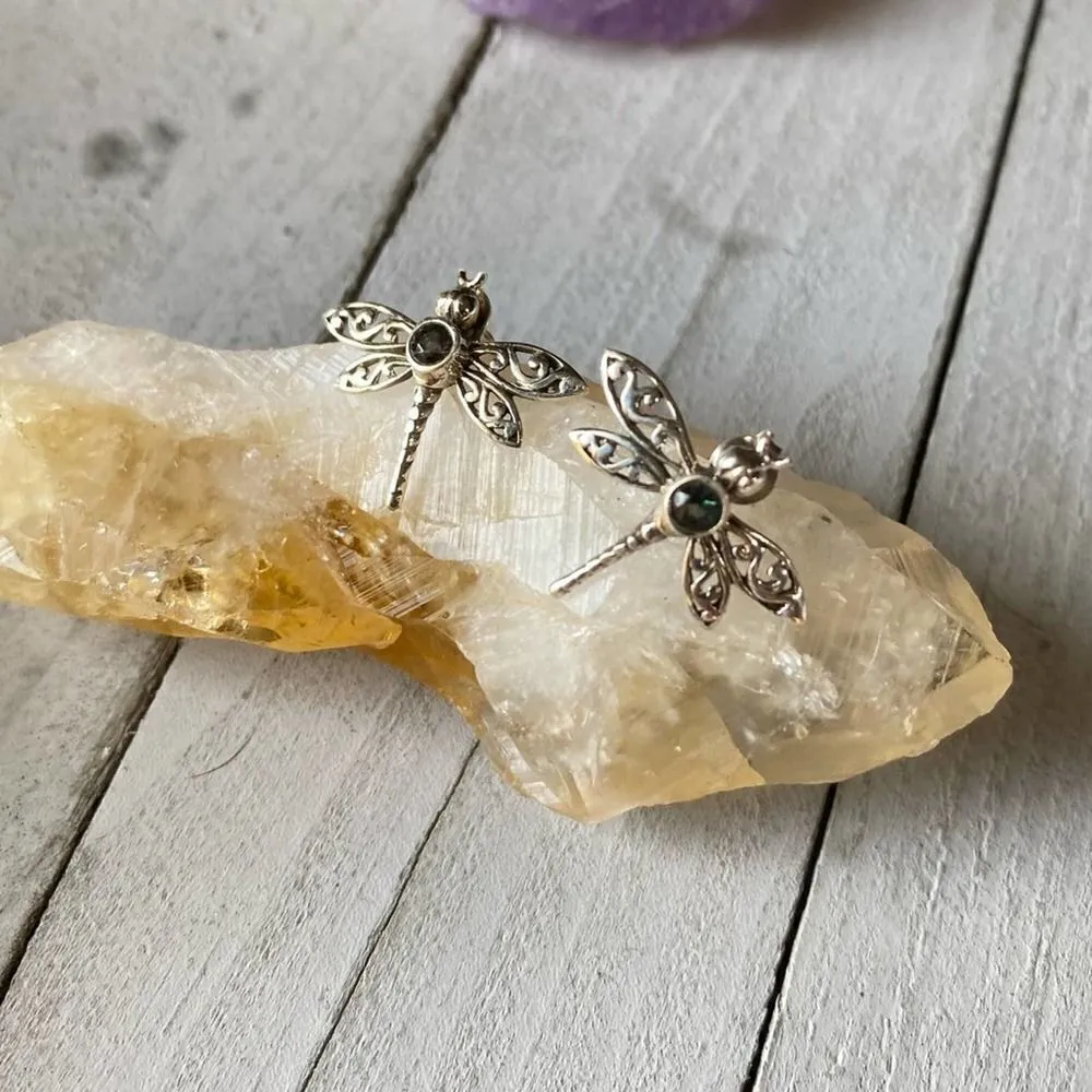 Dragonfly Filigree Rainbow Topaz Solid Sterling Earrings Silver - Image 2
