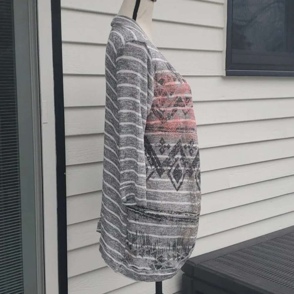 Vanity 3/4 Sleeve Striped Lightweight Open Front Cardigan | Shrug Cardigan Gray Size L - Image 3