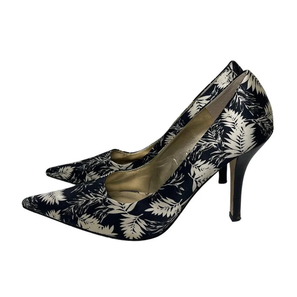 Nine West Freda Black Ivory Palm Leaf Print Pumps Heels Shoes Pointy Toe Work 7M - Image 5