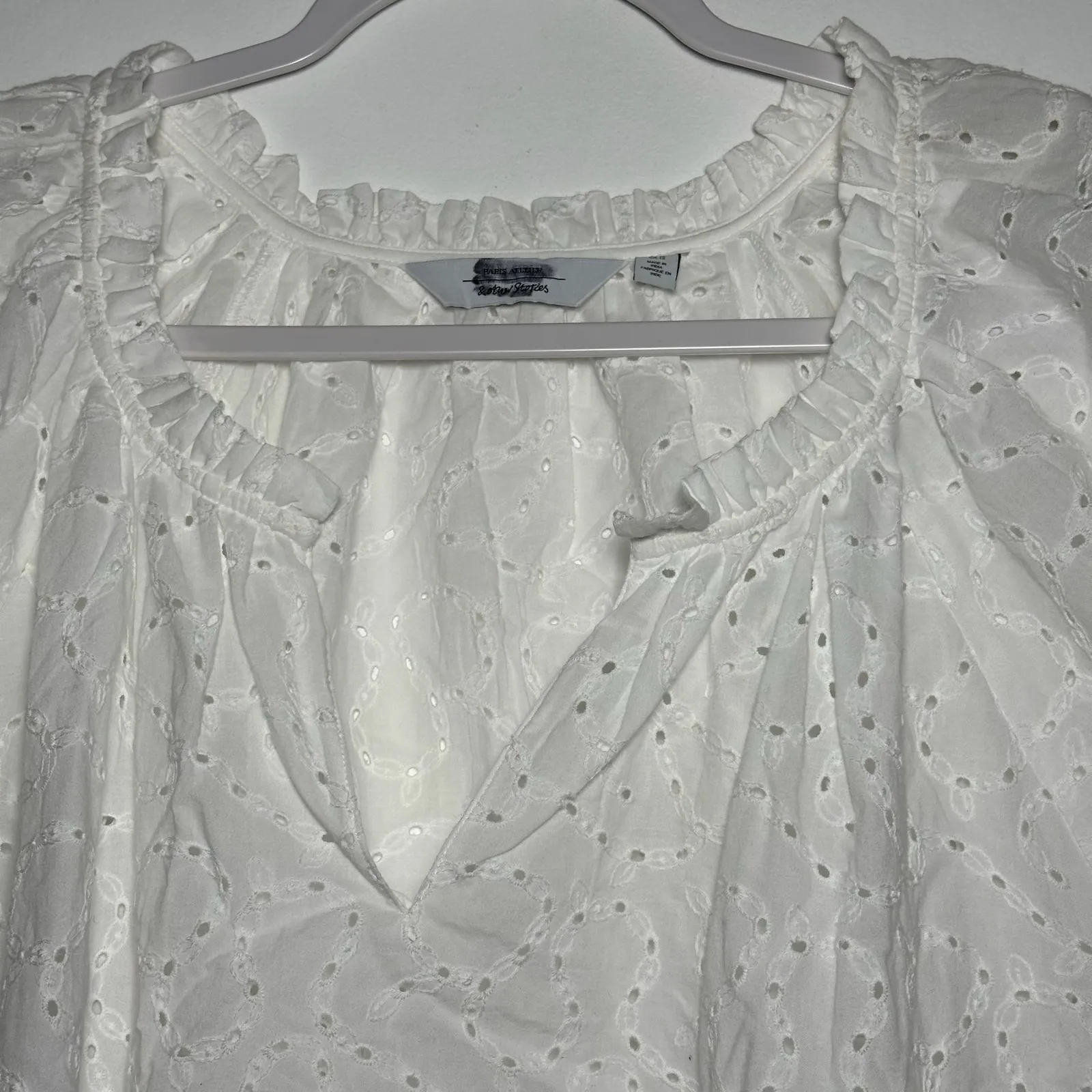 Other Stories Cotton Eyelet Peasant Blouse White US 12 Puff Sleeve V Neck - Image 9