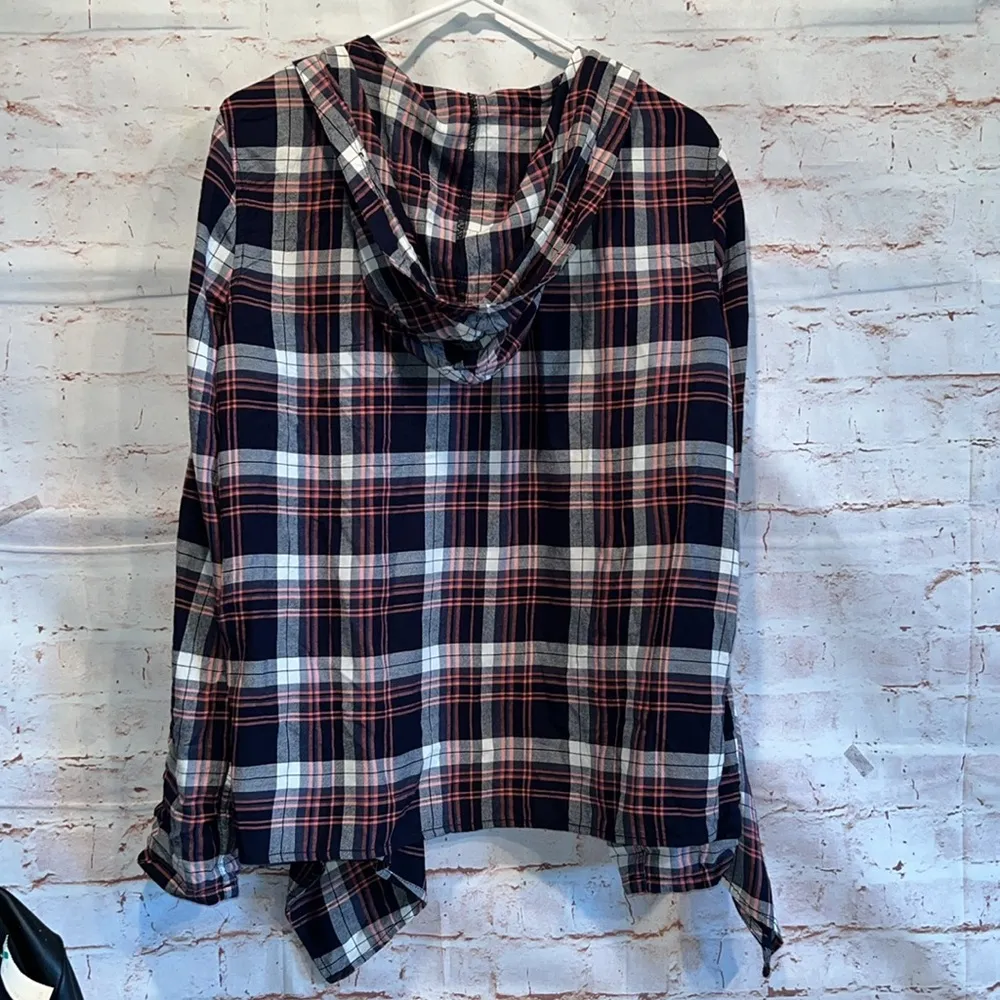 Roxy  Sweater Womens Medium Red Black Plaid Draped Open Front Cardigan Hooded - Image 8